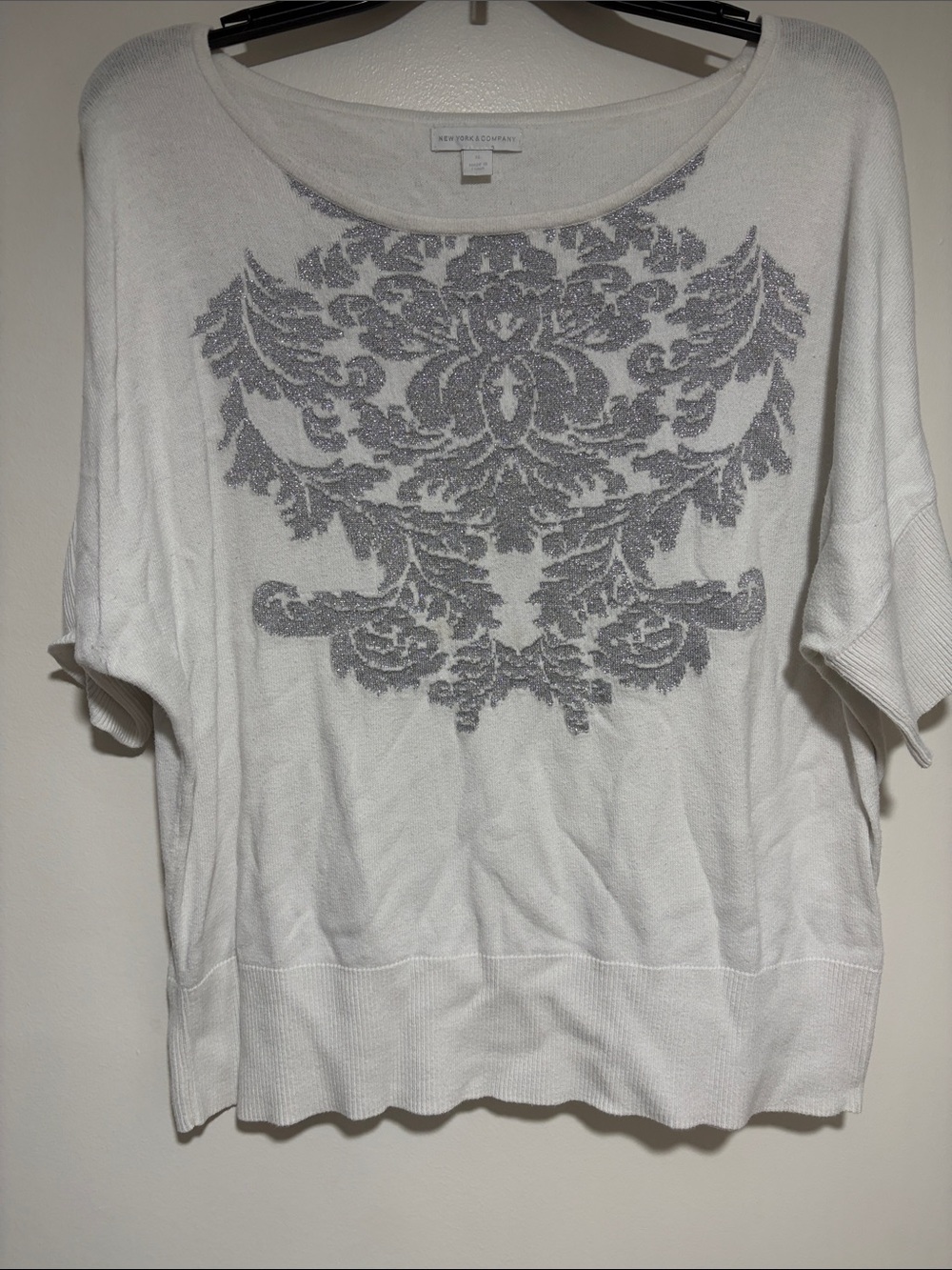 New York & Company White Short-Sleeve Top with Silver Damask Front